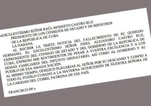 Foto del telegrama verdadero que envió el Santo Padre al presidente Raúl Castro,