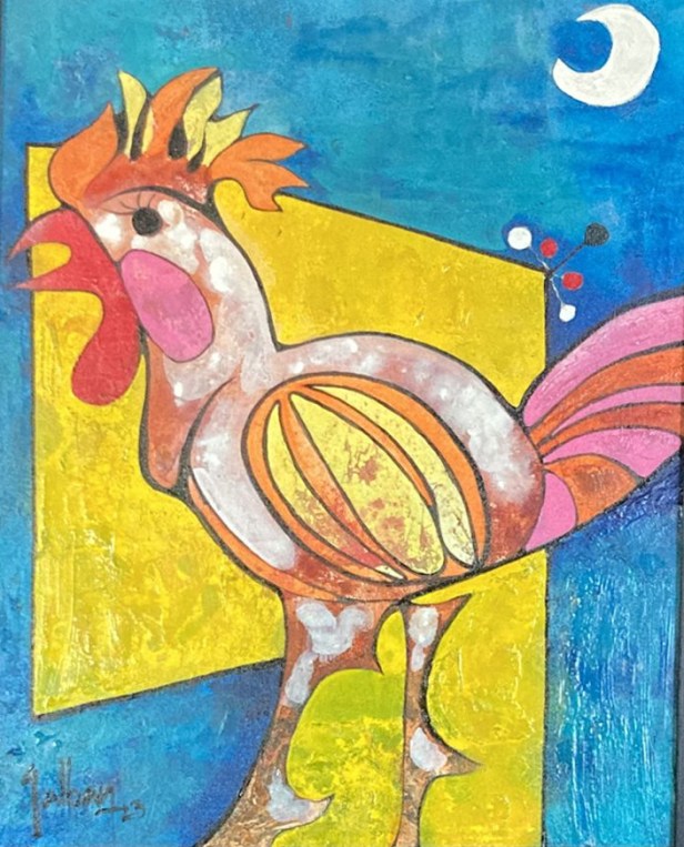 Gallo ronco gaudiniano 2023 canvas/ acrylic/mix 20x16 $800 USD