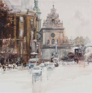 Catedral Bernardina (acuarela sobre papel, 22×22) | La Catedral Bernardina es un lugar inspirador y sagrado en Lviv, Ucrania. Construido en el siglo XVII.