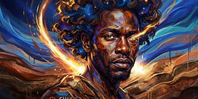 Retrato del El Choco mezclado con energía cósmica, creado por la autora con ayuda de IA