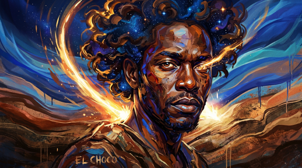 Retrato del El Choco mezclado con energía cósmica, creado por la autora con ayuda de IA