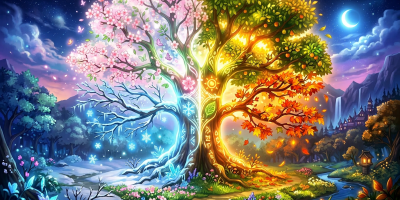 A large magical tree with four distinct sections representing spring blossoms, winter snow, summer fruit, and autumn leaves, under a background transitioning from day to night.